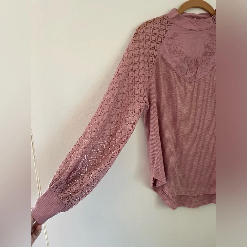 Free people sweetest thing thermal knit high neck long sleeve top size xs pink